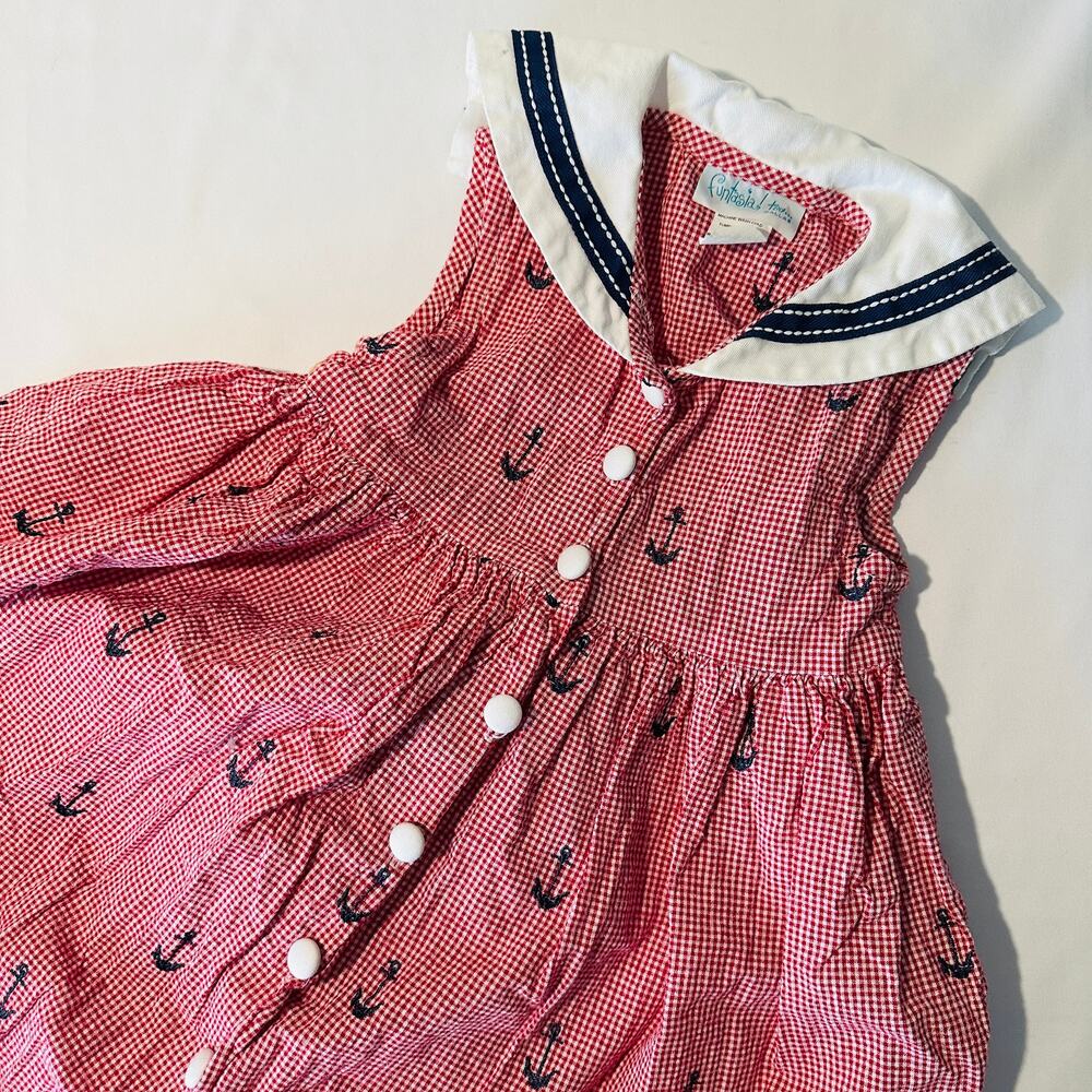 Vintage 90s Funtasia! Too Dallas Embroidered Red Gingham Anchor Sailor Dress S 4